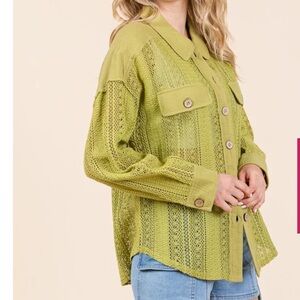 New‎ In Avocado Green Lace Long-Sleeve Button Down Shirt Women's Small